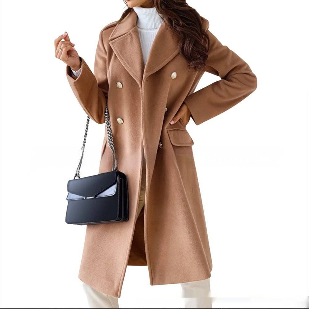 Simple Double Breasted Woolen Coat For Women - YLORESHOP