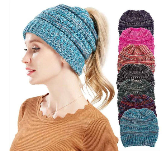 Mixed Color Knitted Wool Hat Ladies Non-labeled Ponytail Hat - YLORESHOP