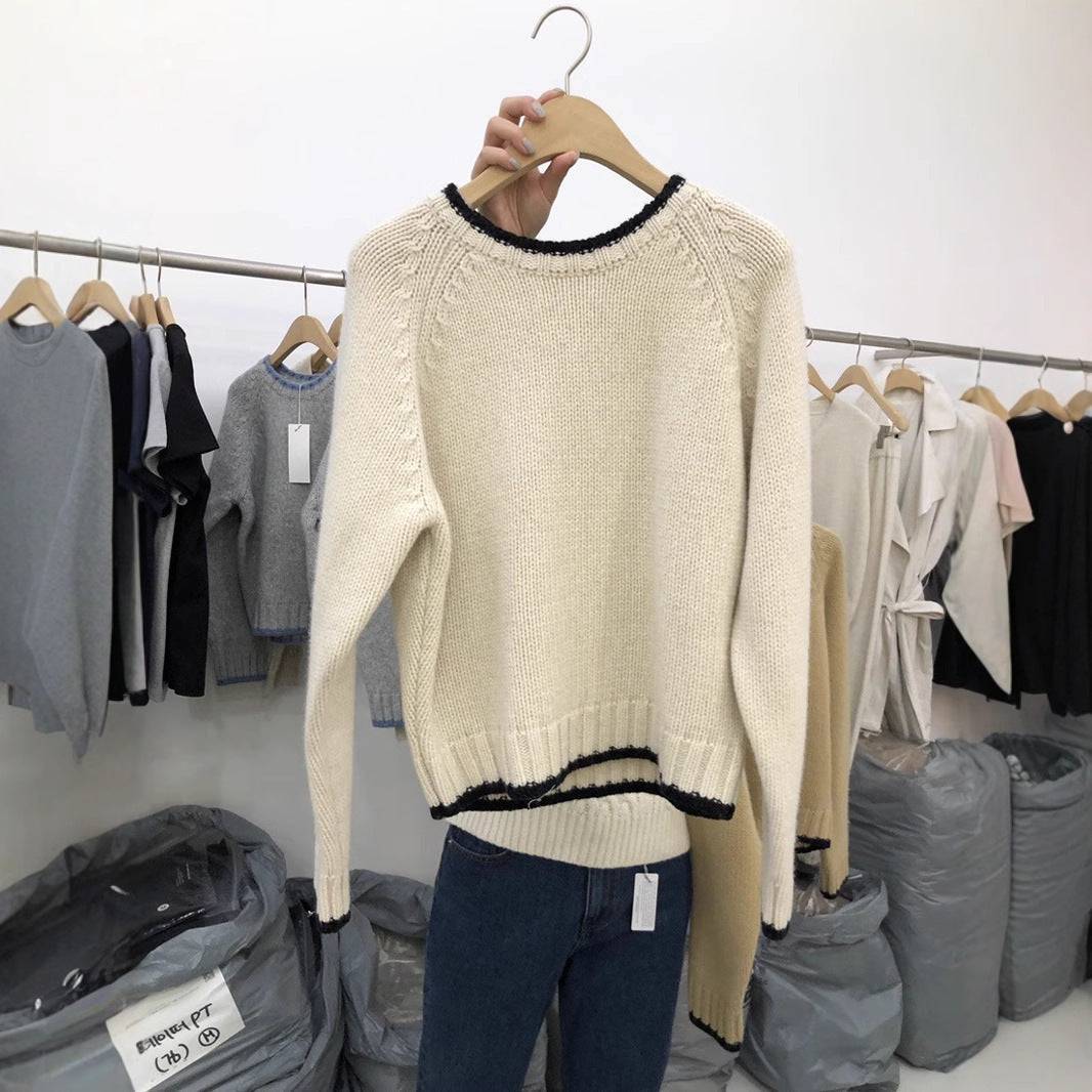 Contrast Color Knitted Collar Round Neck Sweater - YLORESHOP