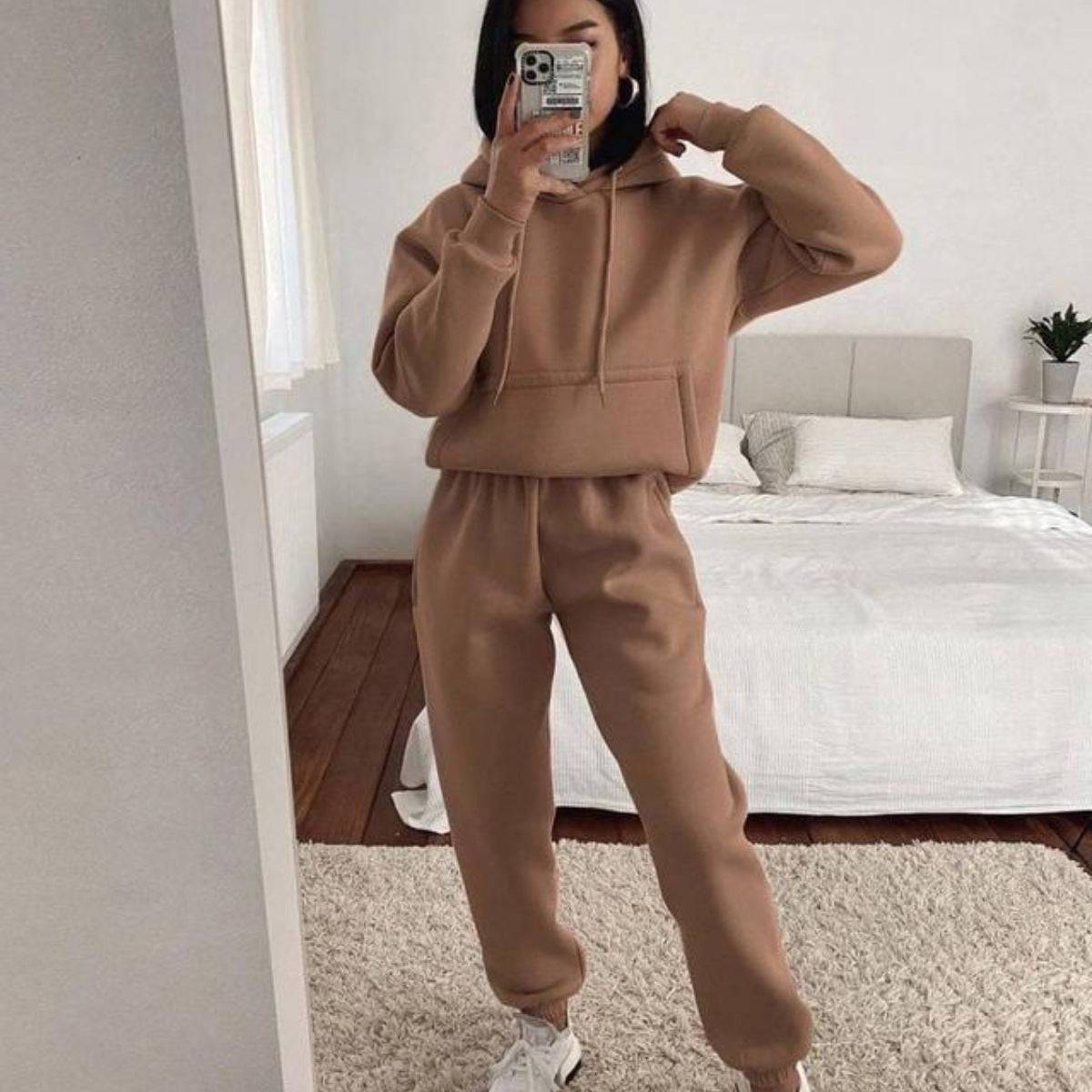 Hooded Long Sleeve Pocket Sweatshirt Solid Color Sports Suit - YLORESHOP