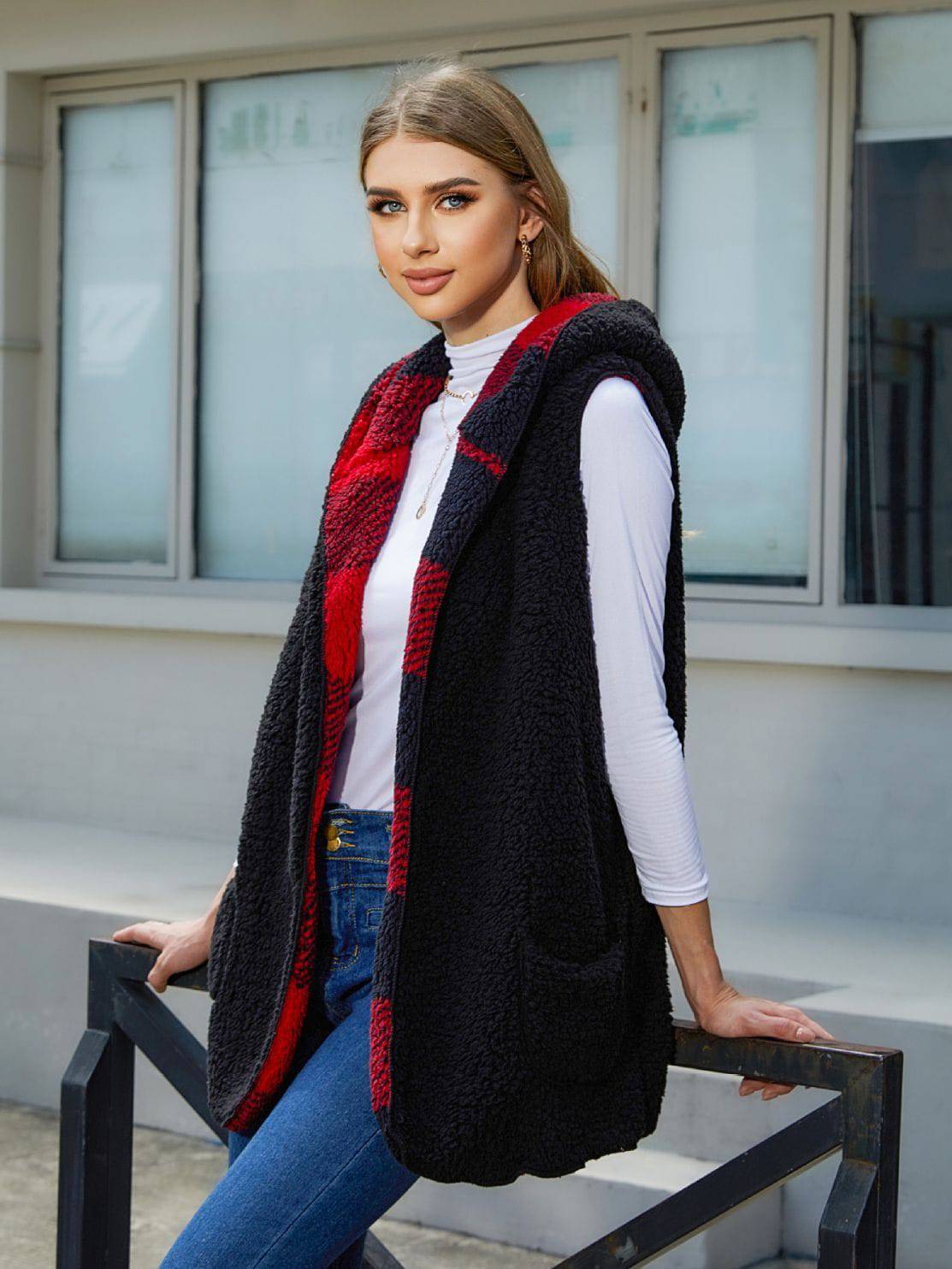 Cardigan Plaid Plush Vest Coat For Women - YLORESHOP