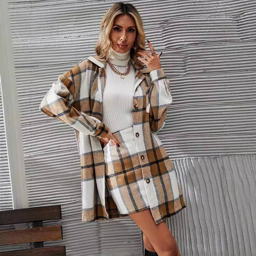 Women's Casual Woolen Women's Plaid Coat Skirt Suit - YLORESHOP