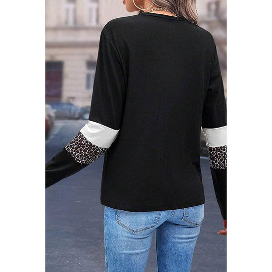 Leopard Print Color-block Crew Neck Pullover Women - YLORESHOP