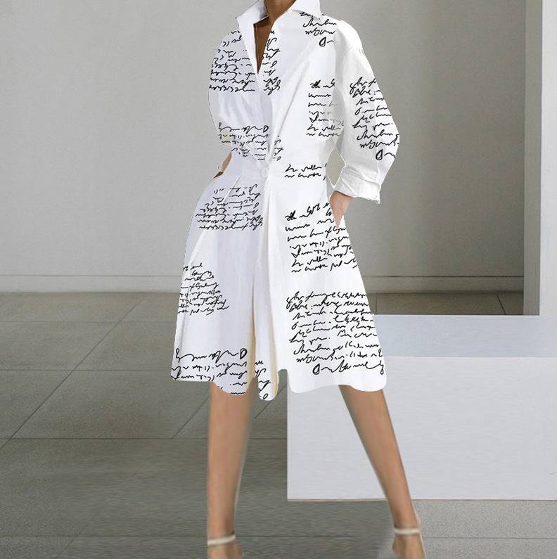 Fashion Long Sleeve V-neck Printed Mid-length Dress Women's Clothing - YLORESHOP