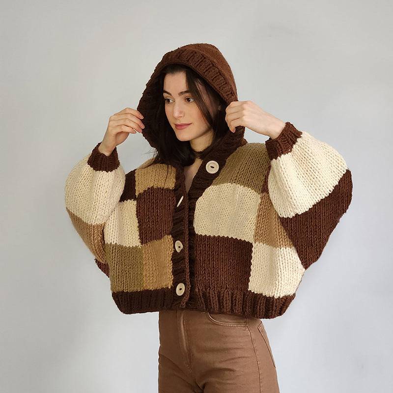 Women's Fashion Hooded Round Neck Cardigan Button Plaid Knitted Coat