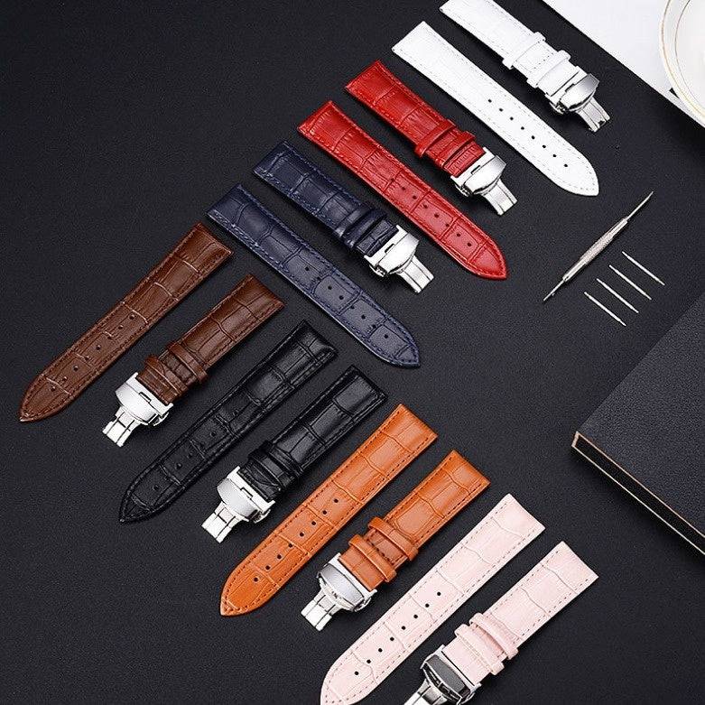 Butterfly Clasp Business Bamboo Pattern Cowhide Leather Watch Band - YLORESHOP