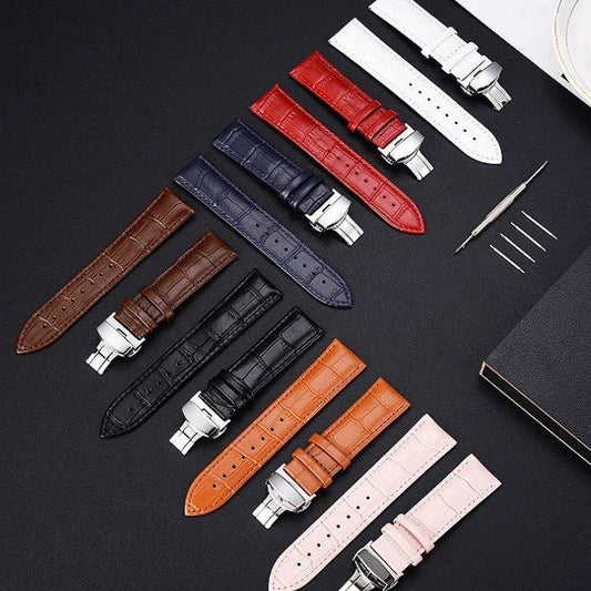 Butterfly Clasp Business Bamboo Pattern Cowhide Leather Watch Band - YLORESHOP