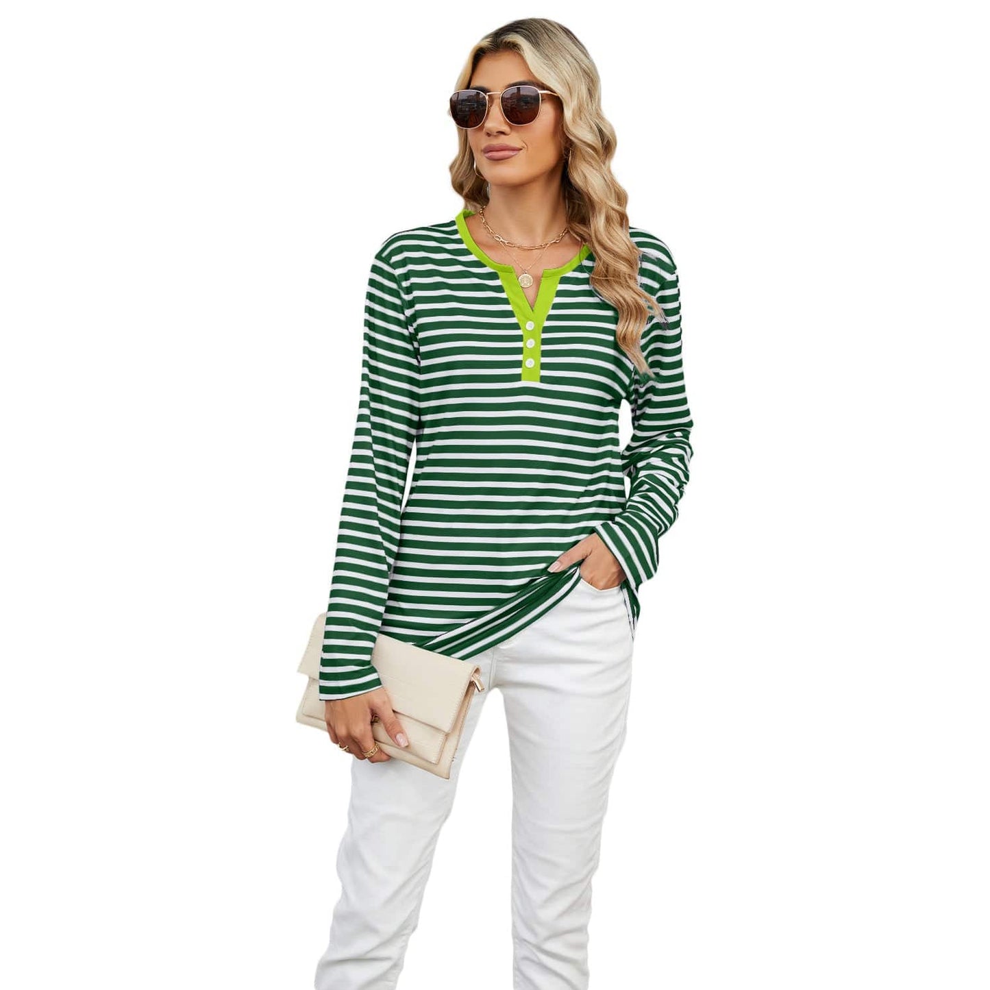 Women's V-neck Striped Loose Long-sleeved T-shirt Top - YLORESHOP