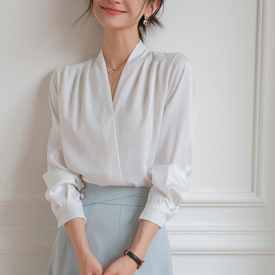 Elegant V-neck Satin Shirt Women's Commuter Formal Wear - YLORESHOP
