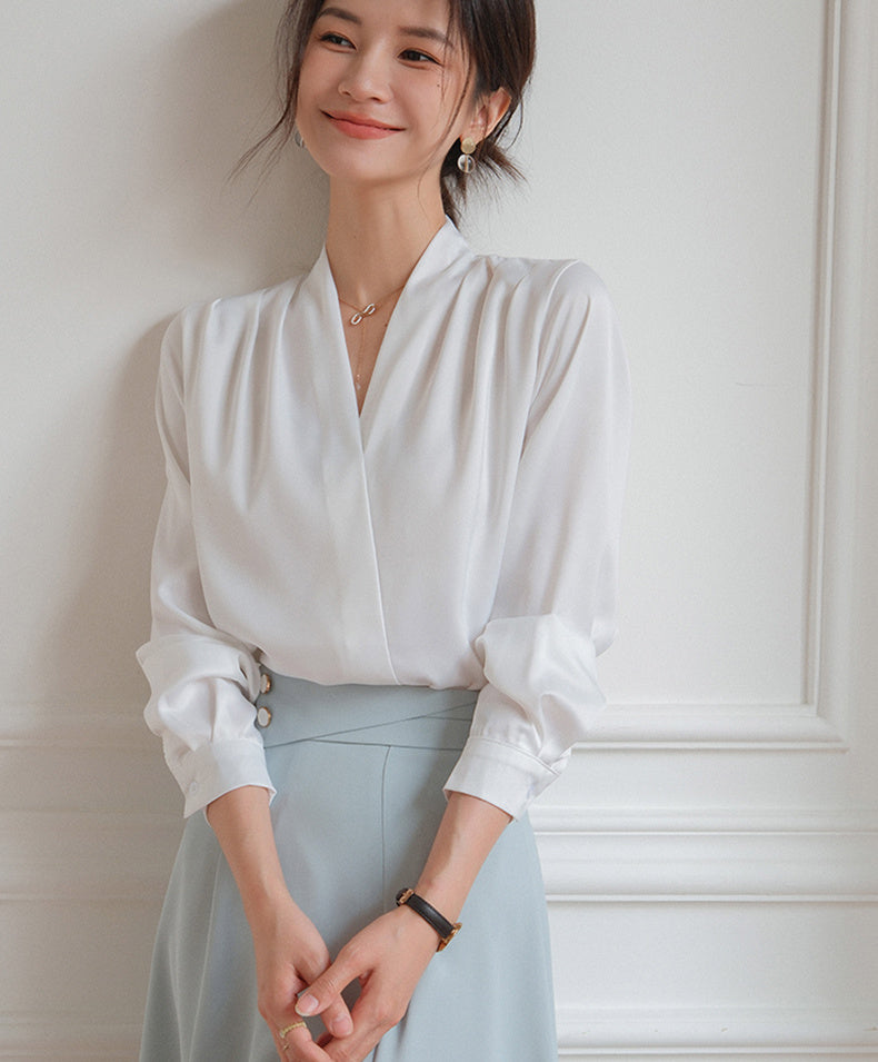 Elegant V-neck Satin Shirt Women's Commuter Formal Wear - YLORESHOP