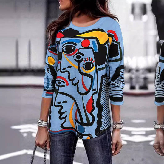 Women's T-shirt White With Printed Pattern Round Neck Long Sleeve - YLORESHOP