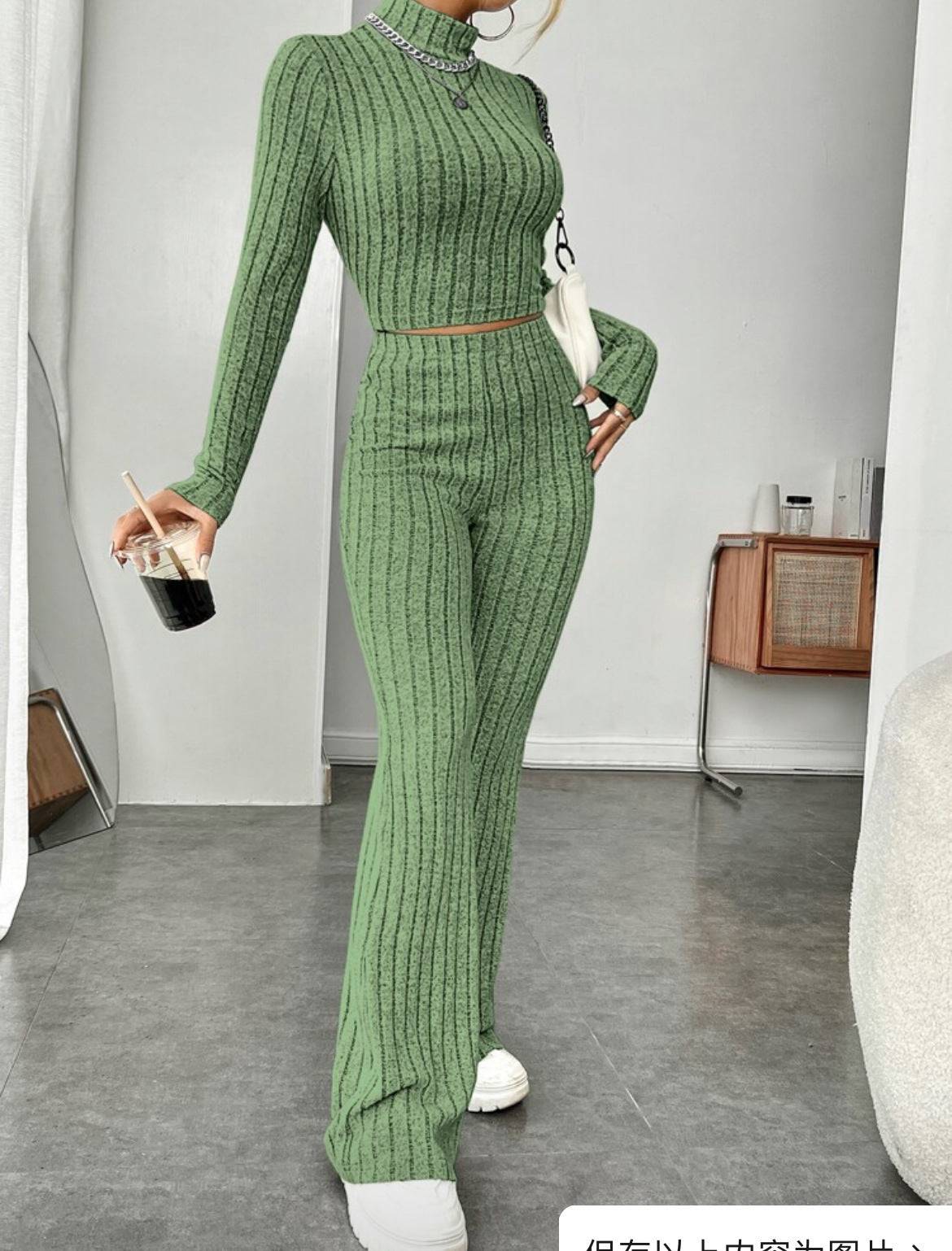 Long Sleeve Turtlenecks Wide Leg High Waist Trousers Suit - YLORESHOP