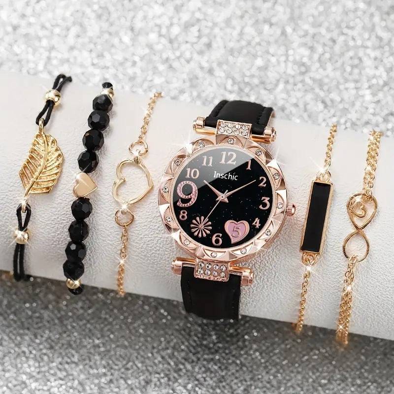 Women's Diamond Dial Belt Quartz Watch Beaded Bracelet Suit - YLORESHOP