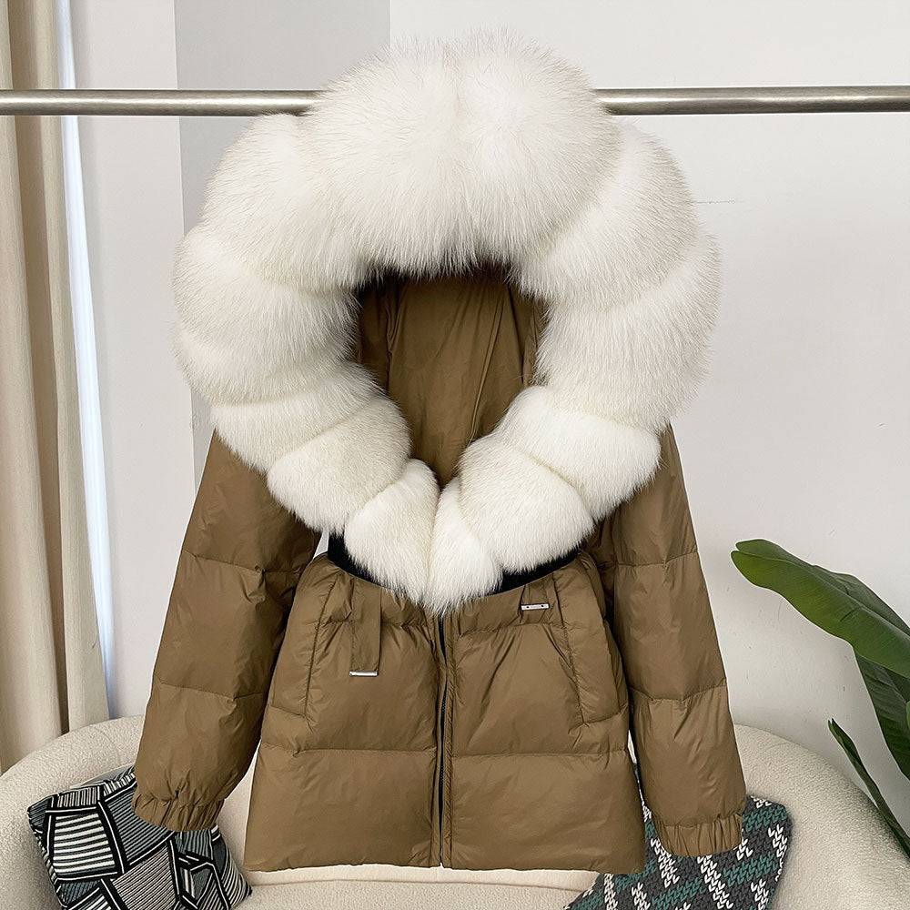 Oversized Real Fox Fur Collar Hooded White Duck Down Jacket - YLORESHOP