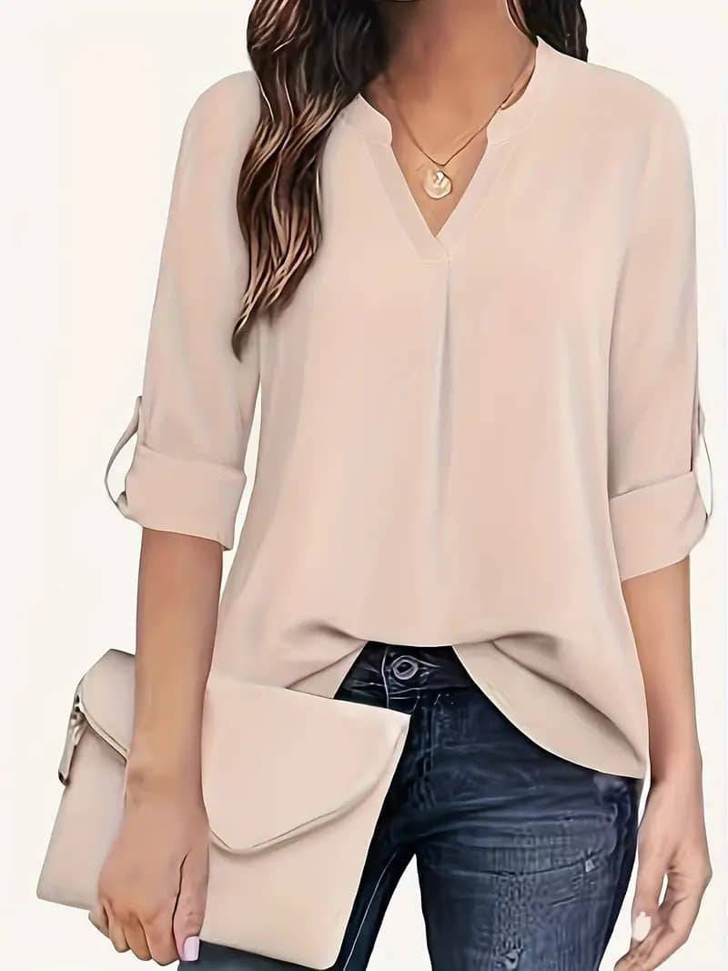 Solid Color Simple Blouse, Casual V-neck Long Sleeves - YLORESHOP