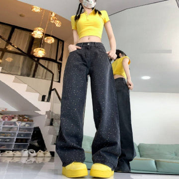 Fashion Rhinestone Jeans Heavy Industry Slimming Slim Fit Straight Wide Leg - YLORESHOP
