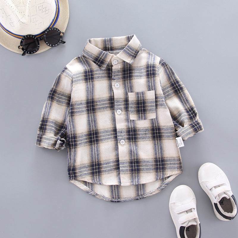 Plaid shirts for boys and girls with wide lapels and long sleeves - YLORESHOP