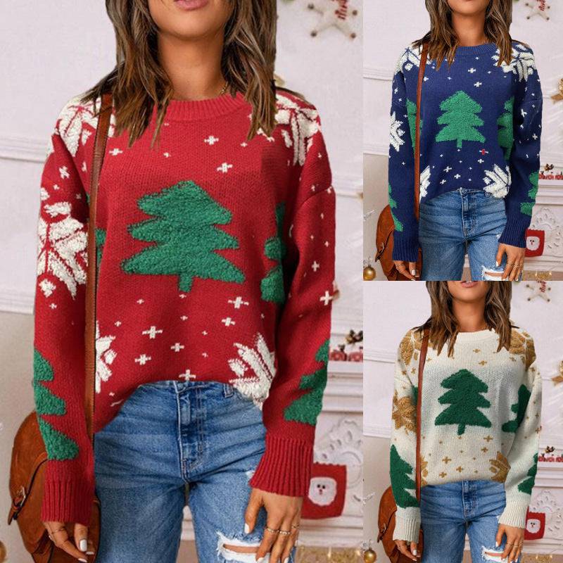 Cappotto maglione girocollo casual da donna con albero di Natale ricamato girocollo casual da donna