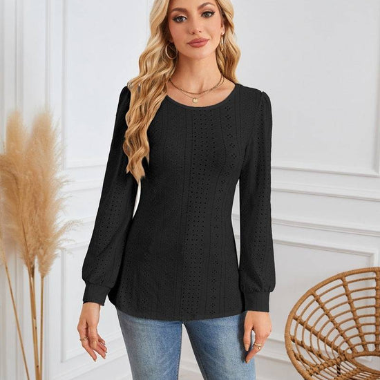 Round Neck Small Hole Bubble Sleeve Long Sleeve Top - YLORESHOP