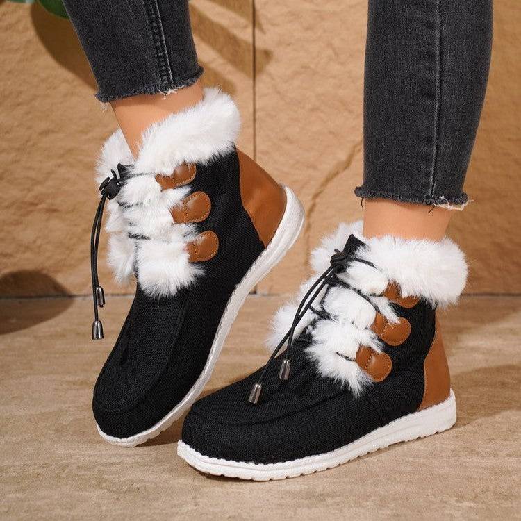 Stivali da neve alla moda con punta tonda Scarpe invernali in cotone piatto felpato e versatile Stivaletto corto semplice e versatile per le donne