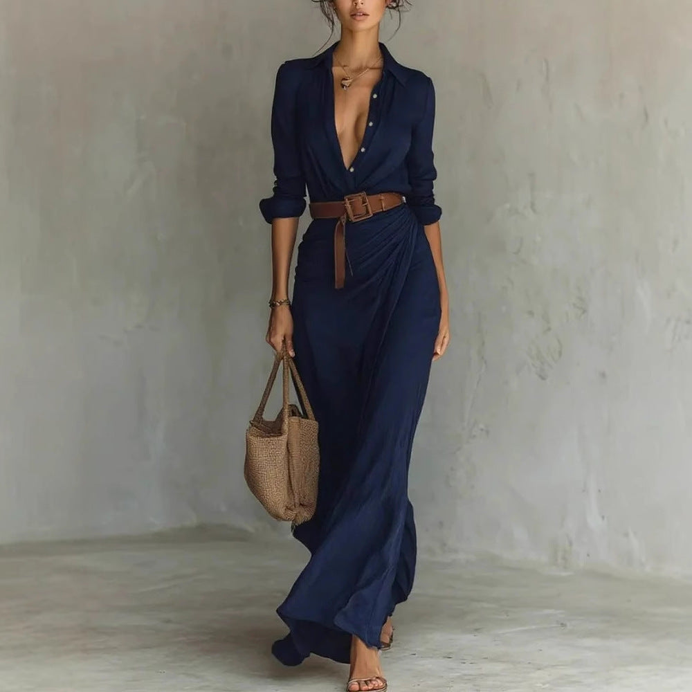 Fashionable and elegant long sleeve button down lapel belted irregular maxi dress. - YLORESHOP