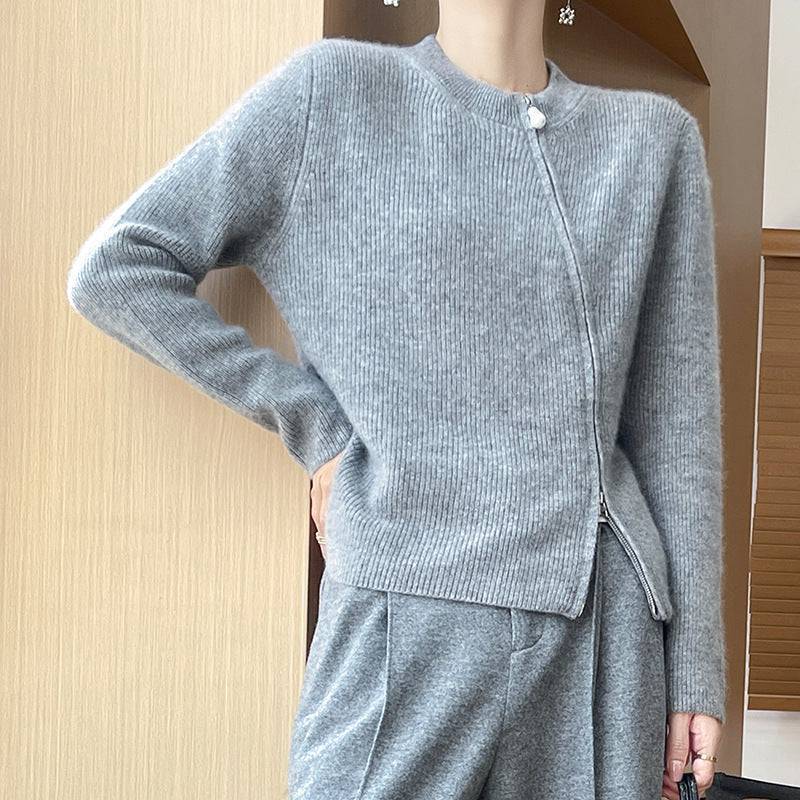 Round Neck Knitted Cardigan Long Sleeve Women's Oblique Zipper Slim Jacket - YLORESHOP