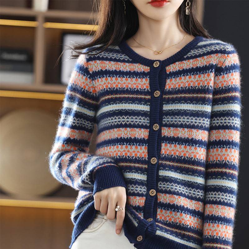 Women's Knitted Cardigan Mixed Color Stripe Contrast Color Jacquard Soft Glutinous Sweater Coat - YLORESHOP