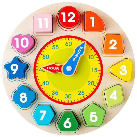 Teaching Time Number Blocks Puzzle Wooden Shape Color Sorting Clock - YLORESHOP