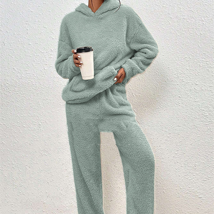 Fleece-lined Hooded Long Sleeve Dimensional Patch Pocket Casual Trousers Solid Color Suit - YLORESHOP