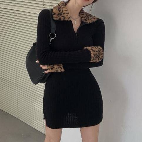 New Leopard Print Long Sleeve Padded Dress Women - YLORESHOP