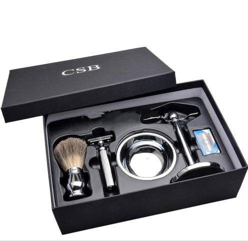 Set da barba CSB Rasoio da barba di sicurezza a doppio bordo Spazzola per capelli in tasso da uomo Supporto cromato Tazza Ciotola Kit di sapone 10 lame gratuite