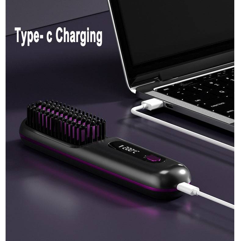 2 In 1 Straight Hair Comb Wireless Hair Straightener Brush Hair Fast Heating Portable Hot Curler USB Charging - YLORESHOP