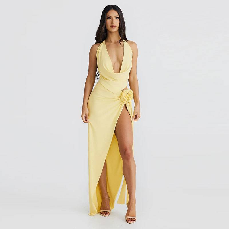 Lace-up Backless Sexy Deep V-neck Halter Sling High Slit Mid-length Dress Set - YLORESHOP