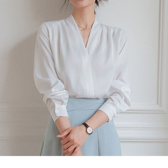 Elegant V-neck Satin Shirt Women's Commuter Formal Wear - YLORESHOP