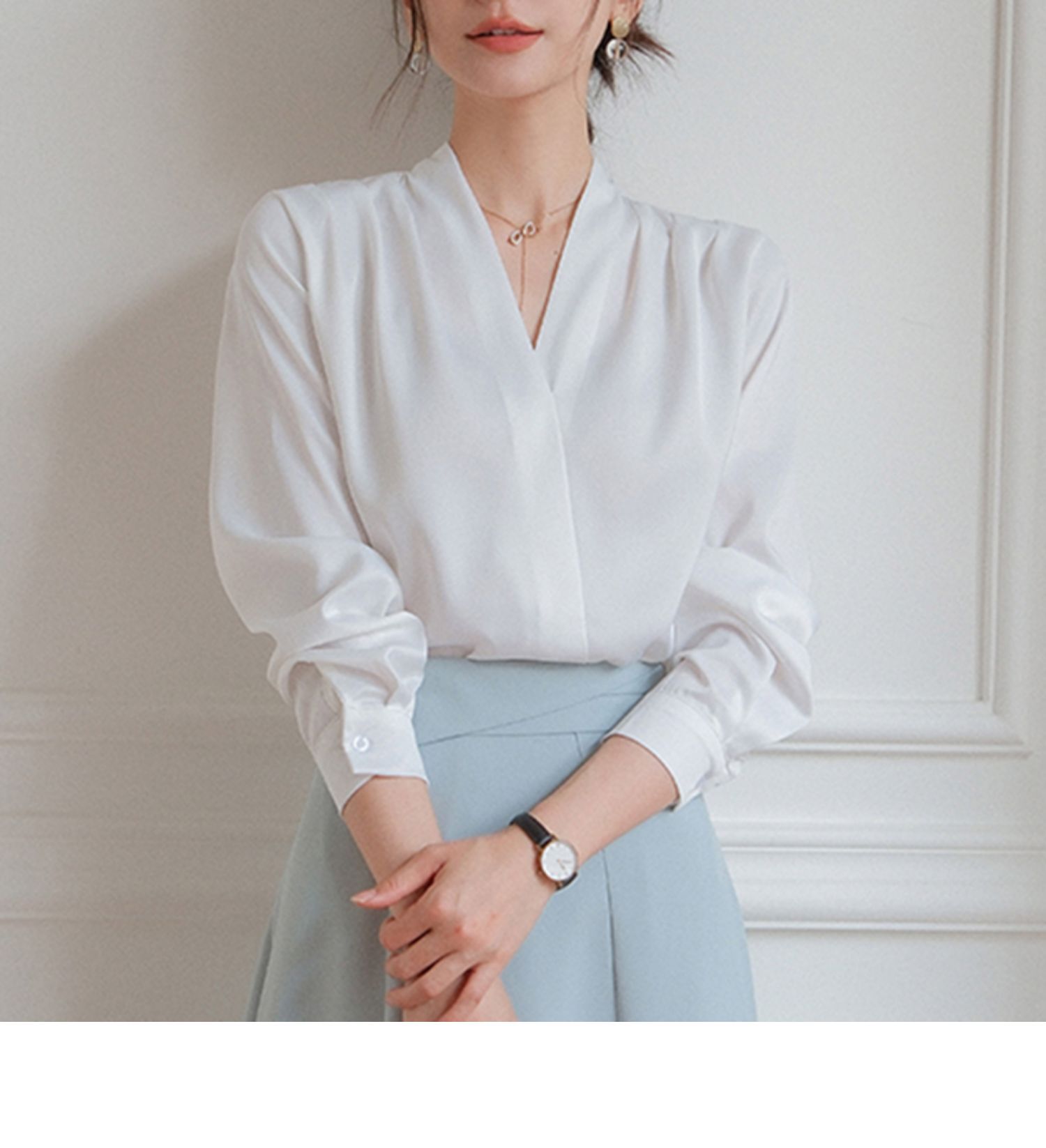 Elegant V-neck Satin Shirt Women's Commuter Formal Wear - YLORESHOP