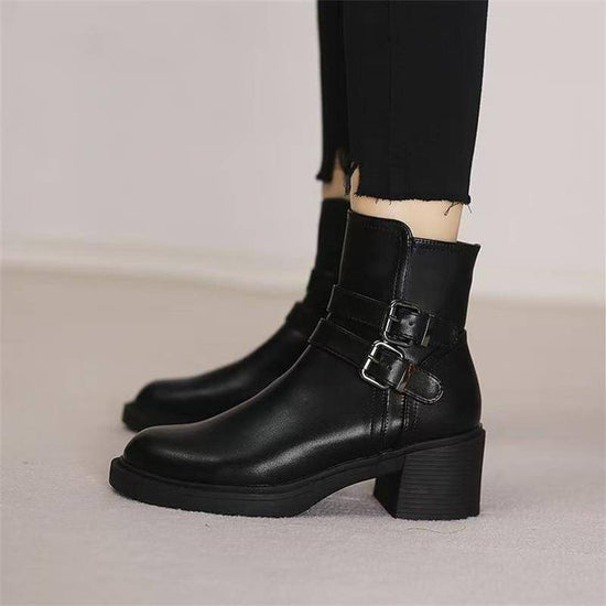 Black Belt Buckle Round Toe Mid Heel Short Boots For Women - YLORESHOP