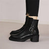Black Belt Buckle Round Toe Mid Heel Short Boots For Women - YLORESHOP