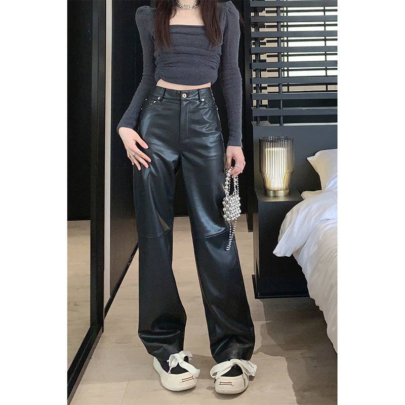 Hong Kong Style High Waist Slimming Sense Of Design Leather Trousers - YLORESHOP