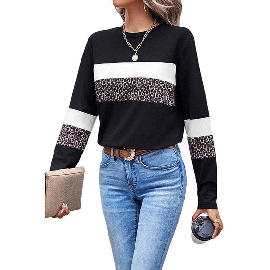 Leopard Print Color-block Crew Neck Pullover Women - YLORESHOP