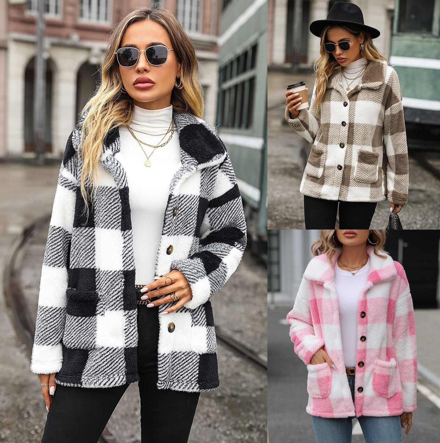 Plaid di media lunghezza a maniche lunghe con risvolto da donna autunno e inverno alla moda europea e americana