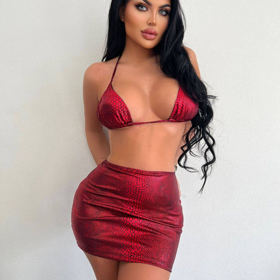 Women's 3 Piece Bathing Suits Halter Snake Pattern Bikini Set With Cover Up Skirt Summer Swimsuit - YLORESHOP