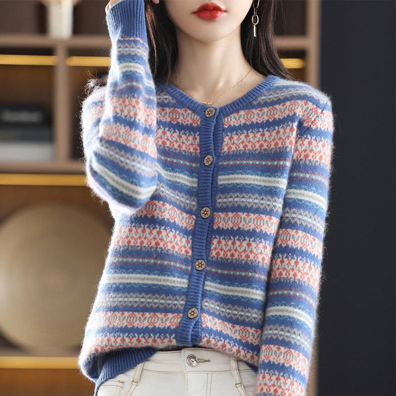 Women's Knitted Cardigan Mixed Color Stripe Contrast Color Jacquard Soft Glutinous Sweater Coat - YLORESHOP