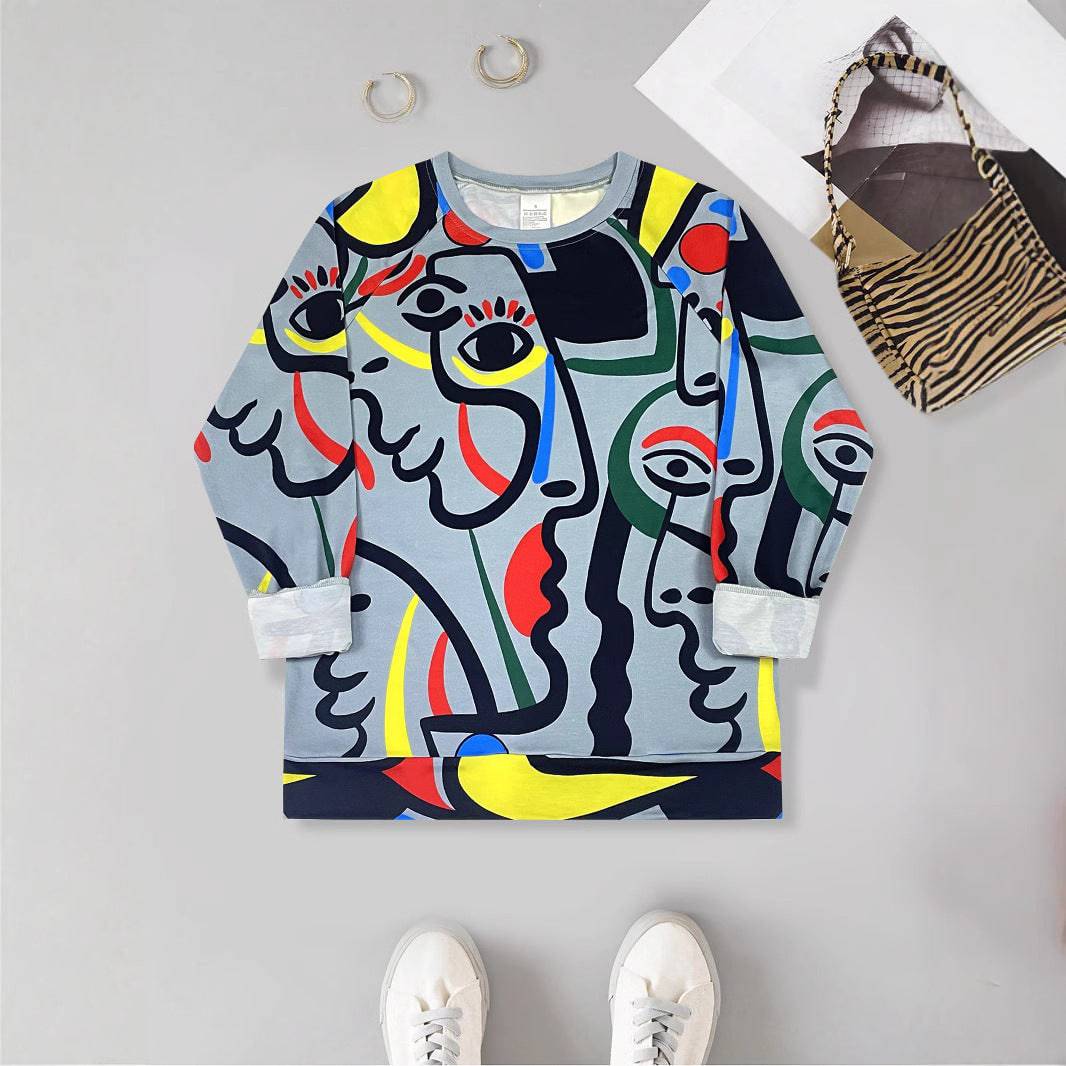 Abstract Color Block Stitching Portrait Graphic Printed Crew Neck Sweatshirt Female