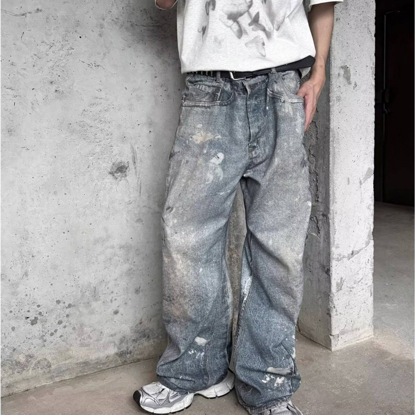 Washed Distressed Printed Denim Men's Straight Loose Long Pants