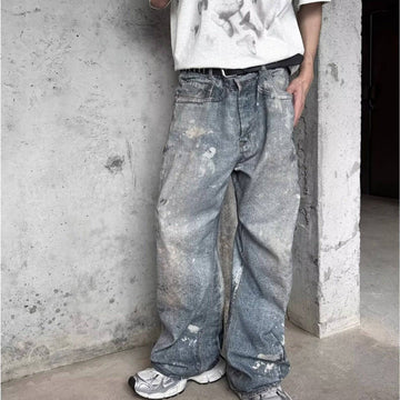 Washed Distressed Printed Denim Men's Straight Loose Long Pants - YLORESHOP