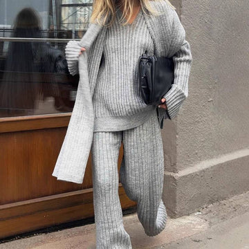 All-match V-neck Long-sleeved Sweater Trousers Suit With Scarf - YLORESHOP