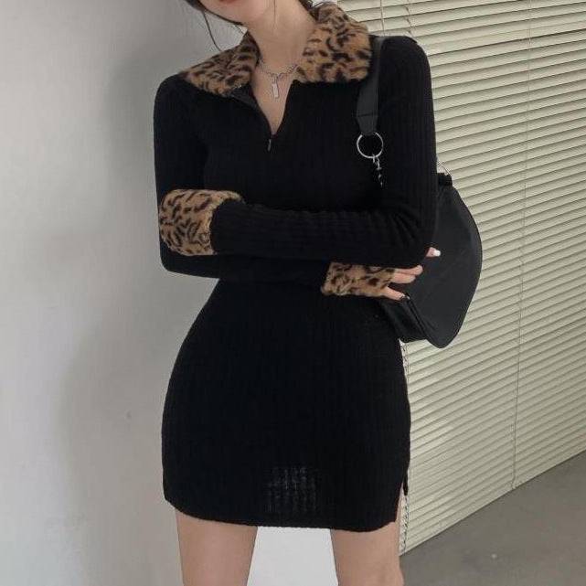 New Leopard Print Long Sleeve Padded Dress Women - YLORESHOP