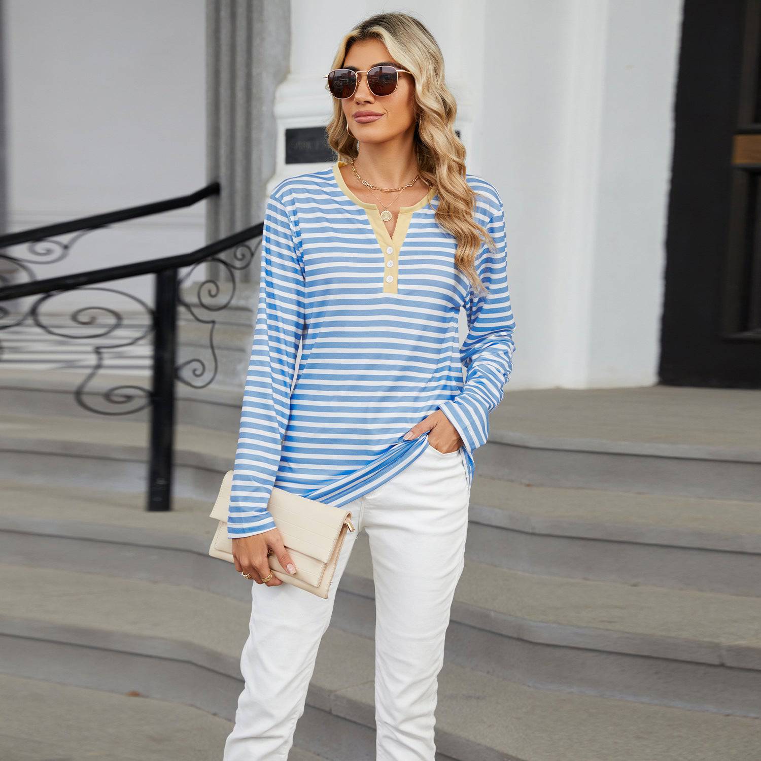 Women's V-neck Striped Loose Long-sleeved T-shirt Top - YLORESHOP