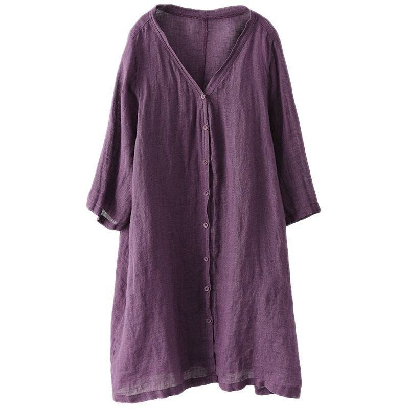 Artistic Plus Size Loose Mid-length Cotton And Linen Shirt Solid Color - YLORESHOP