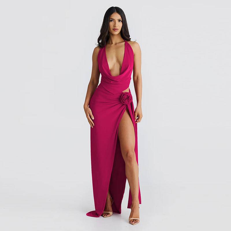 Lace-up Backless Sexy Deep V-neck Halter Sling High Slit Mid-length Dress Set - YLORESHOP